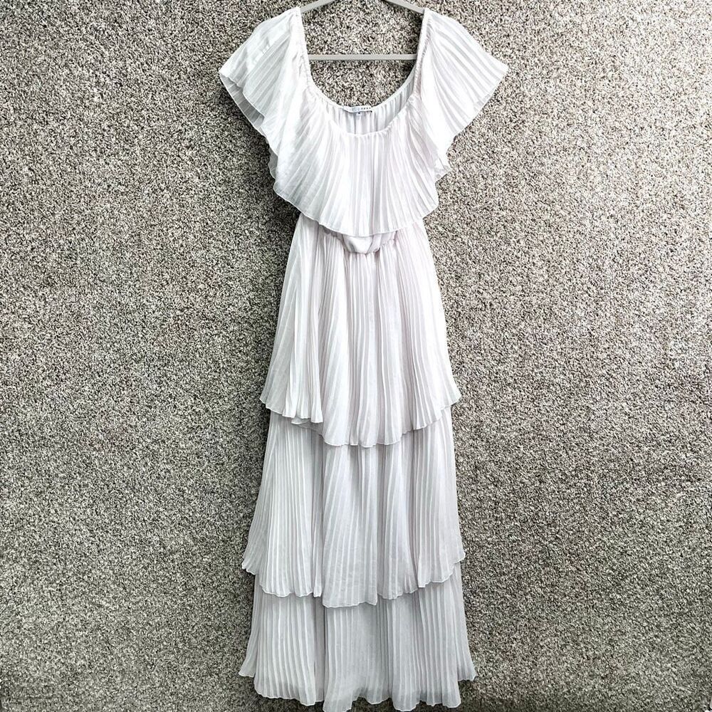 Baltic Born Dress Women’s Medium White Pleated Tiered Off The Shoulder Maxi